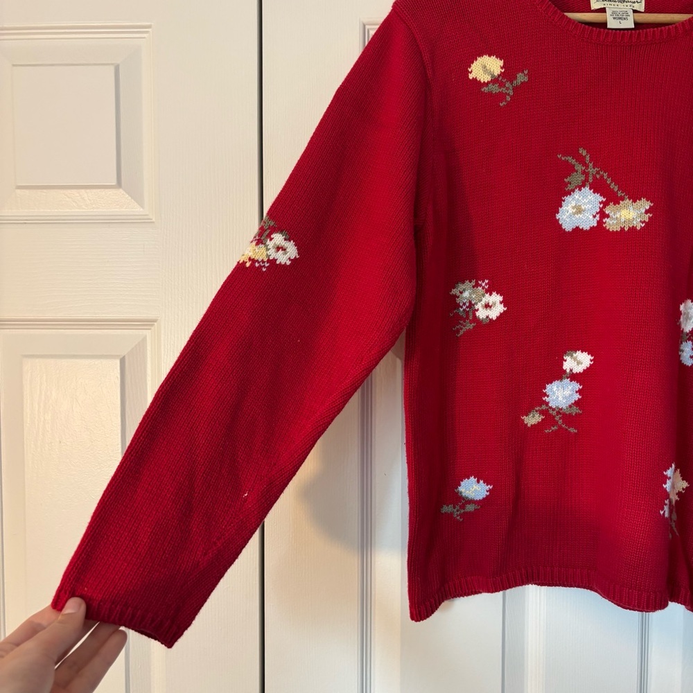 Vintage Eddie Bauer Red Floral Cotton Embroidered Sweater Preppy Granny Cottage - Picture 4 of 7